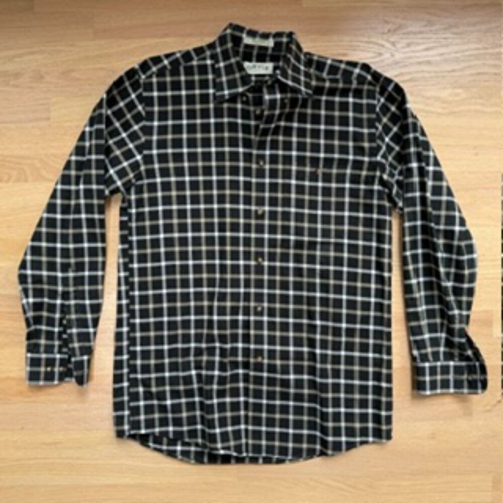 Orvis Men’s Medium Tall Black Tan Plaid 100% Cotton Long Sleeve Button Up Shirt